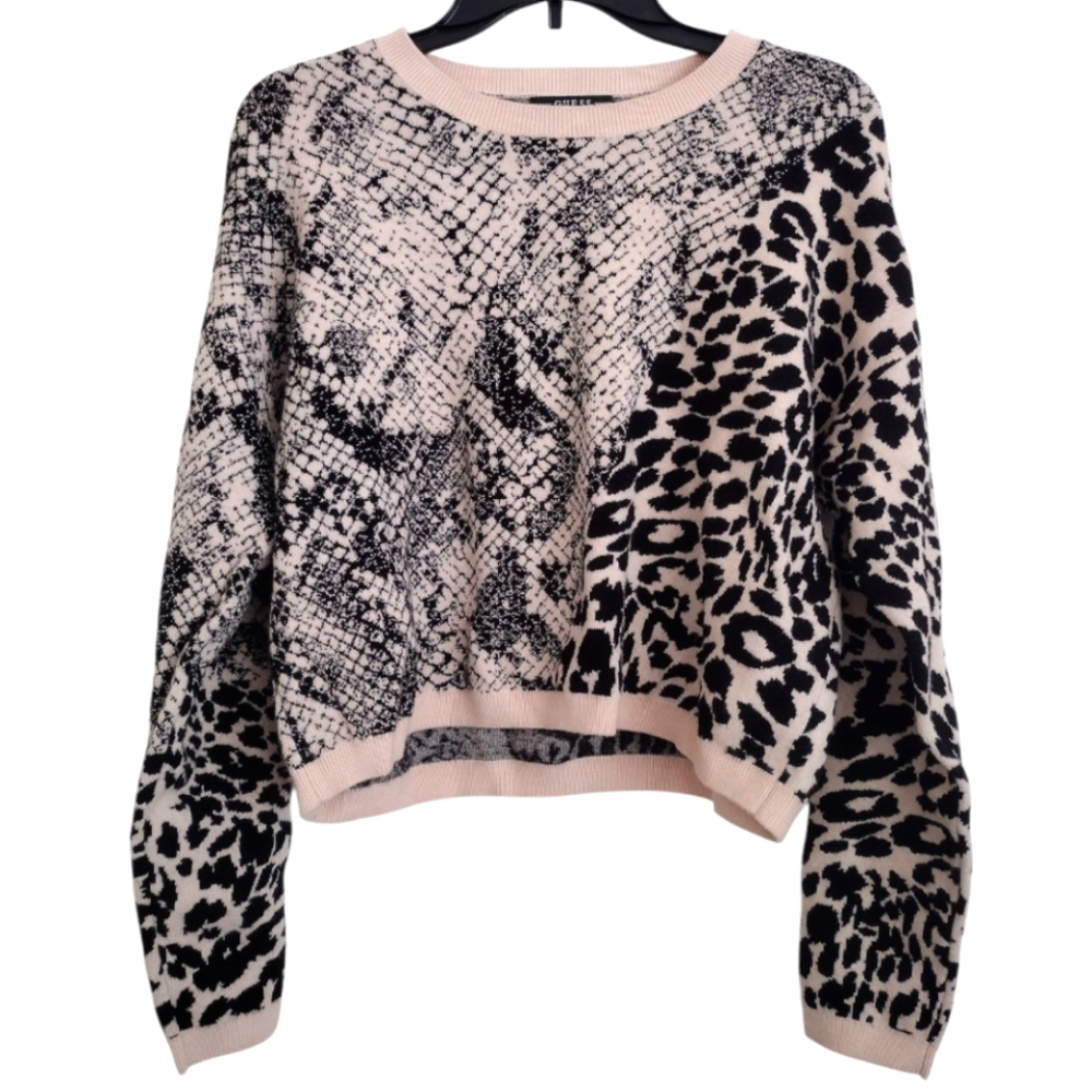 Guess Tamelia Black Cream Animal Print Cropped Sweater Size Large